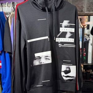Armani Exchange Black Hoodie with White Graphic and Red Stripe